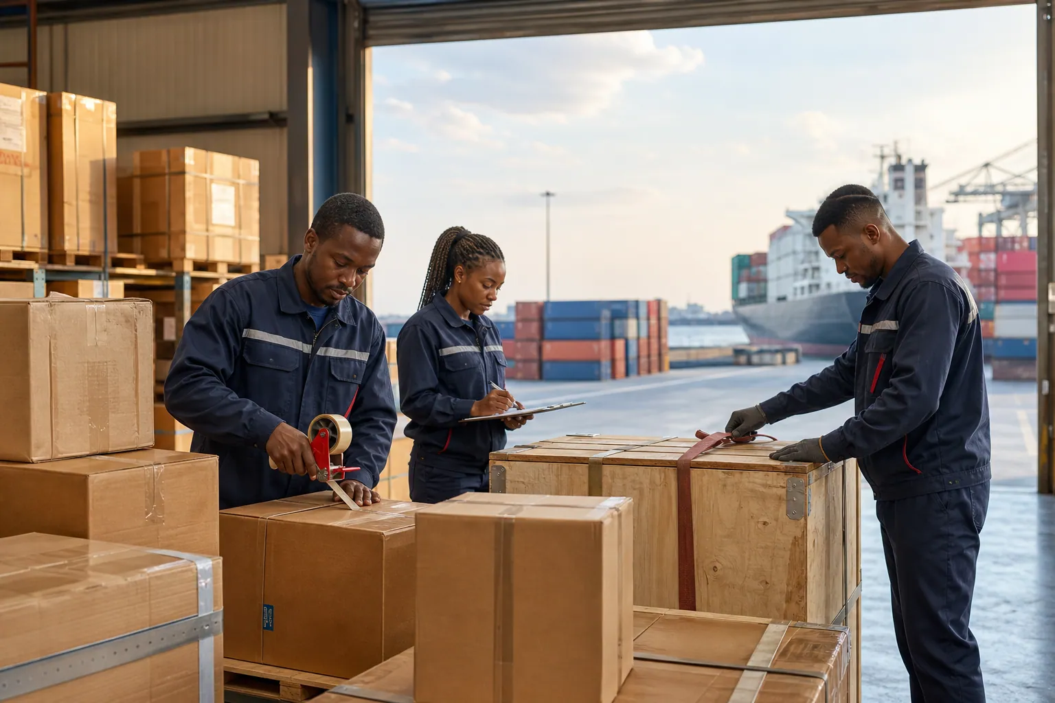 Cargo team preparing cartons and crates in an organized warehouse